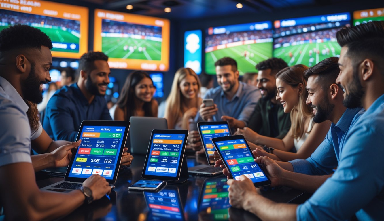 Sekelompok orang menggunakan perangkat digital untuk memasang taruhan olahraga sambil menonton pertandingan langsung di layar besar.