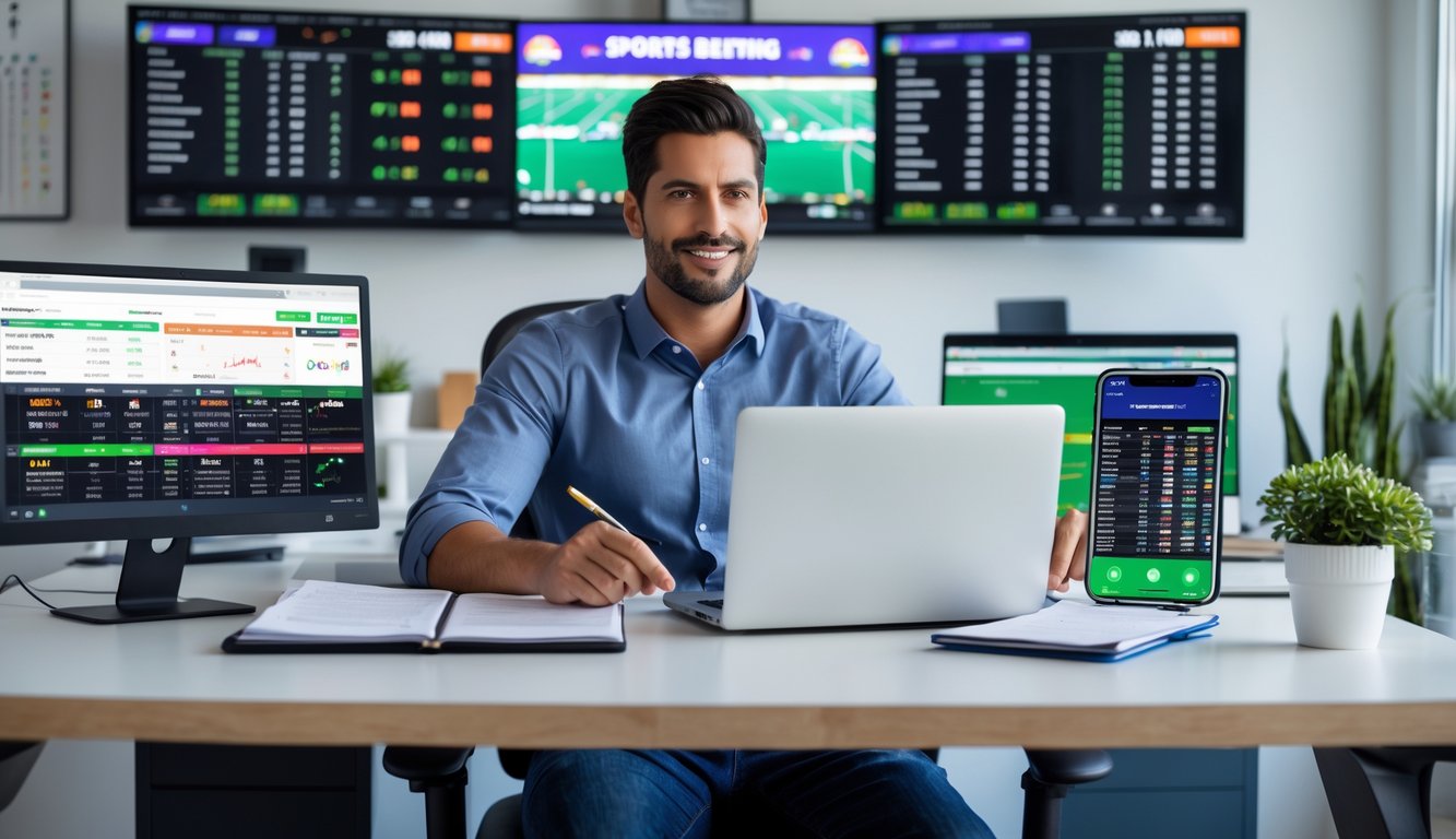 Seorang pria duduk di meja kerja dengan beberapa layar menampilkan acara olahraga dan peluang taruhan, sedang menganalisis data dan mencatat strategi taruhan olahraga.