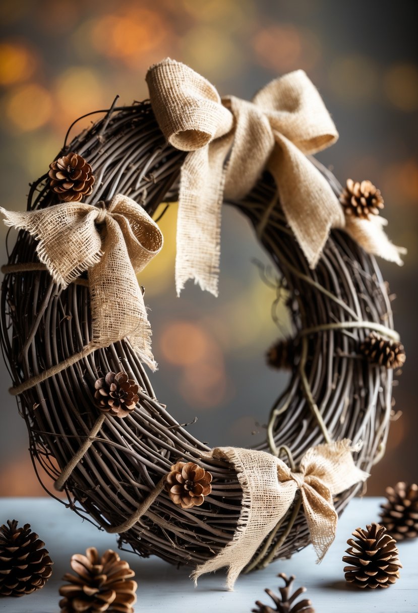 A grapevine wreath decorated with burlap ribbons and pinecones on a soft autumn-colored background.