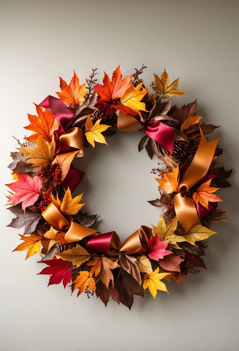 A colorful fall wreath made of autumn leaves and ribbons arranged in a circle on a plain background.