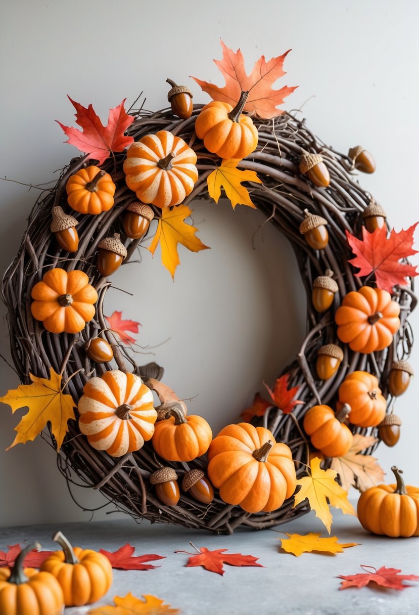 A fall wreath decorated with small pumpkins, acorns, and colorful autumn leaves hanging against a plain background.