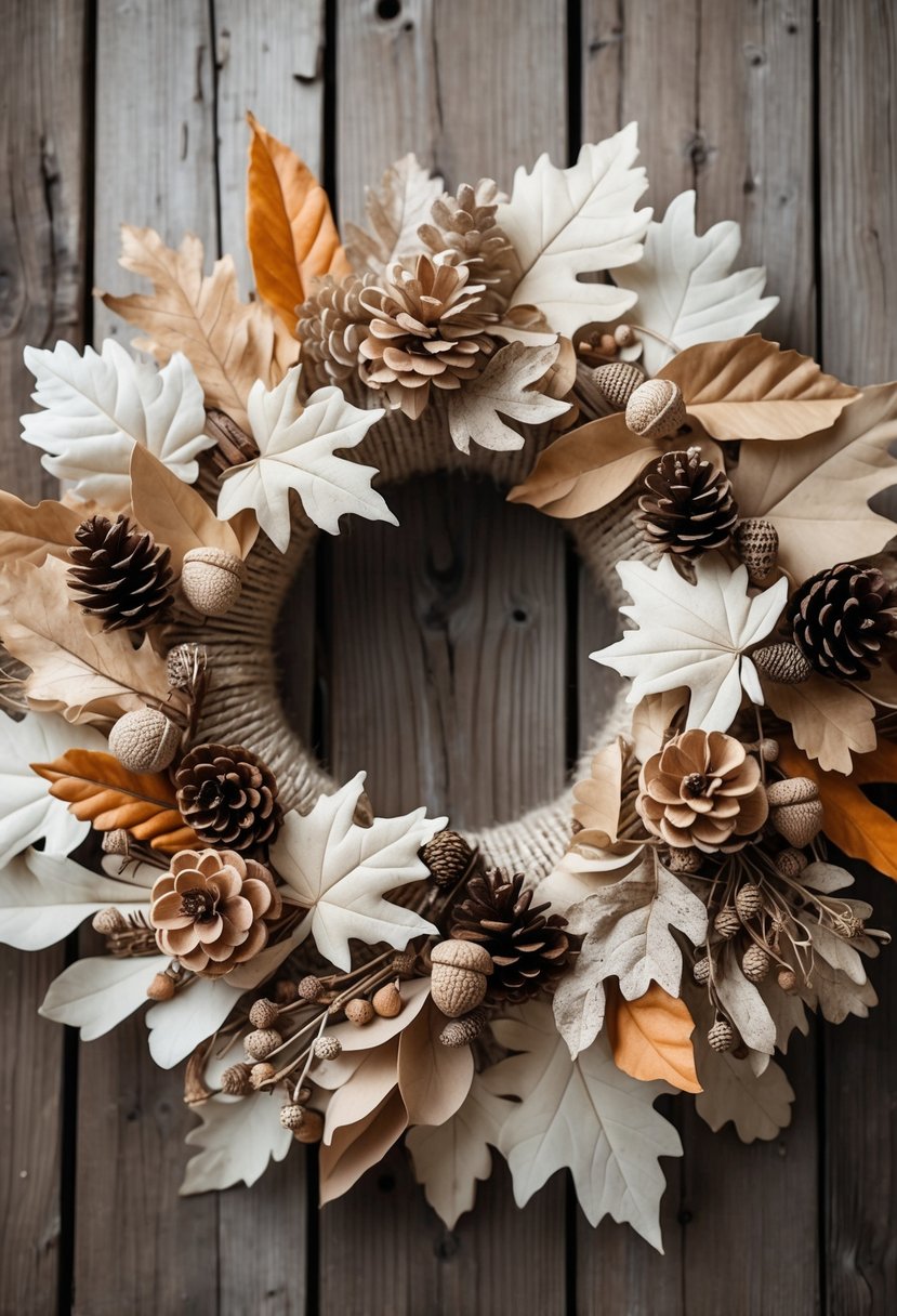 A circular fall wreath made of neutral-toned dried leaves, pine cones, and acorns displayed on a wooden surface.