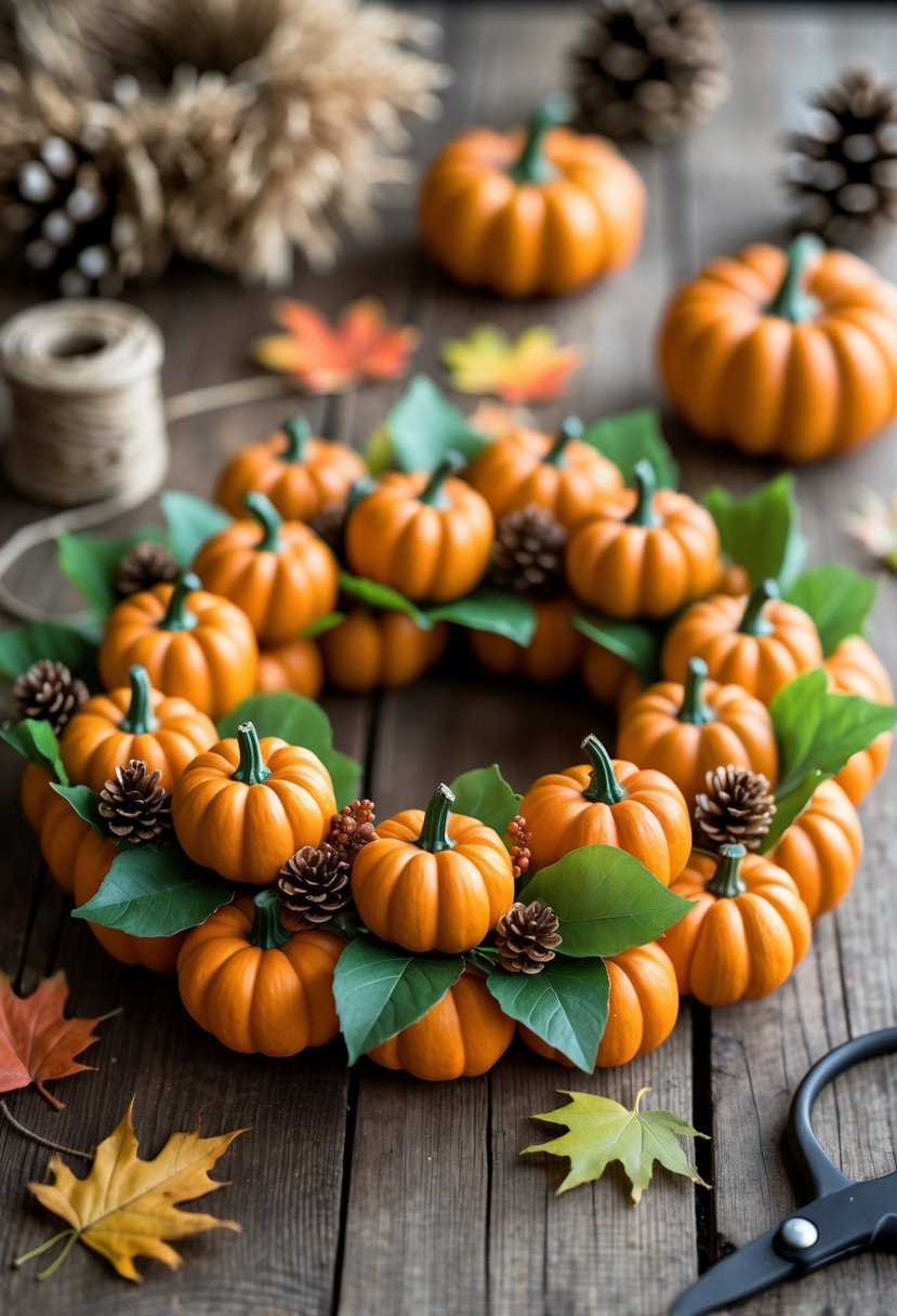 A mini pumpkin cluster wreath with small orange pumpkins, green leaves, and autumn decorations on a wooden table surrounded by crafting materials.
