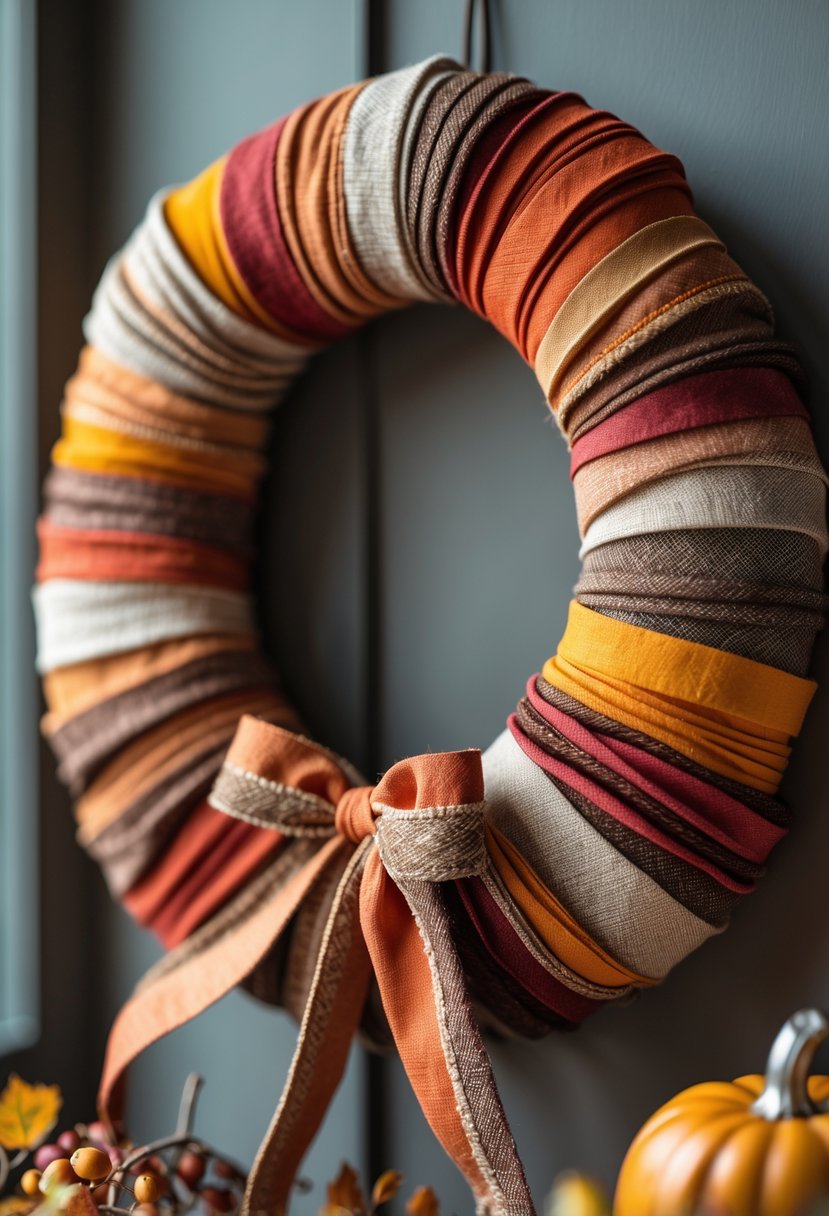 A colorful fall wreath made of tied fabric strips in orange, red, yellow, and brown hues.