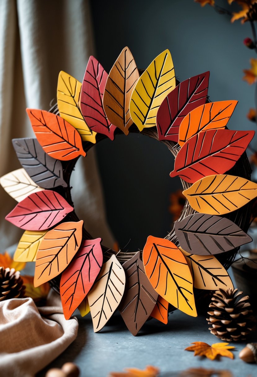 A colorful hand-painted wooden leaf wreath in autumn colors displayed on a soft surface with fall decorations around it.