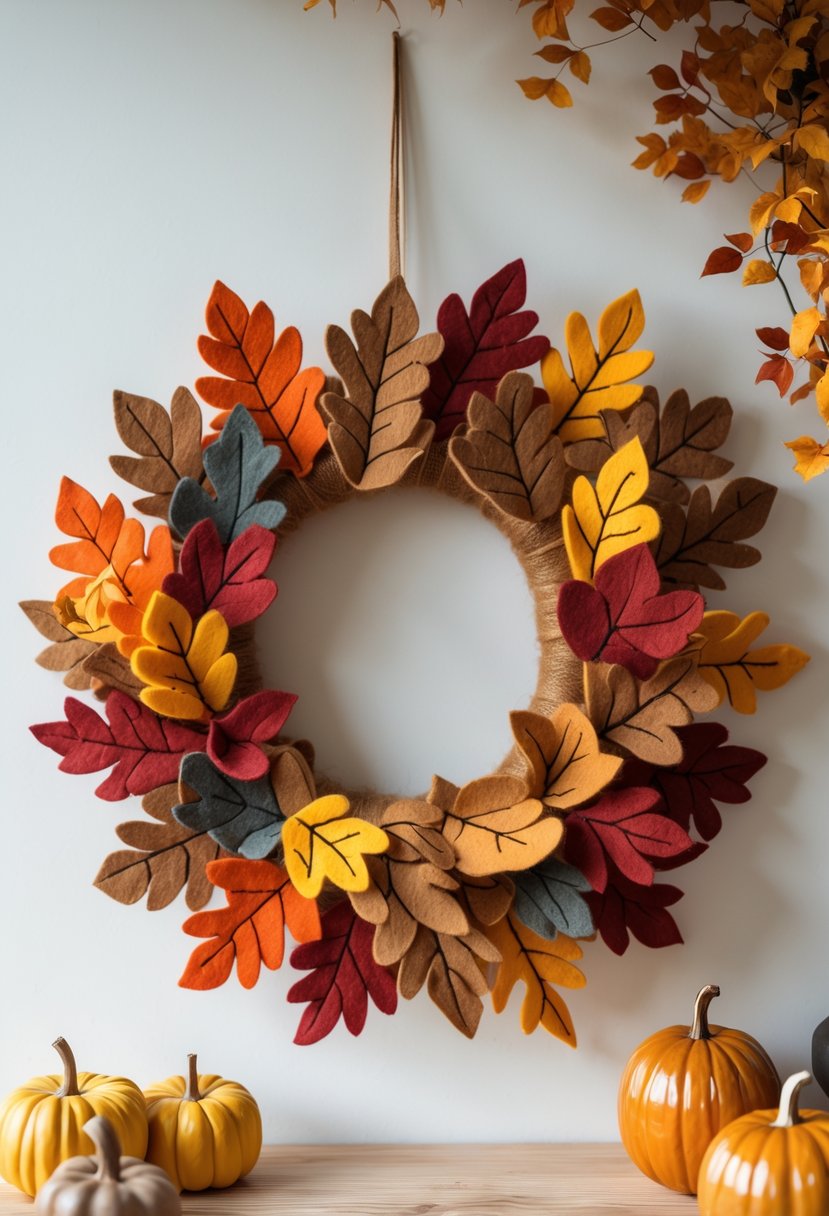 A fall wreath made of felted wool leaves in autumn colors displayed on a plain background.