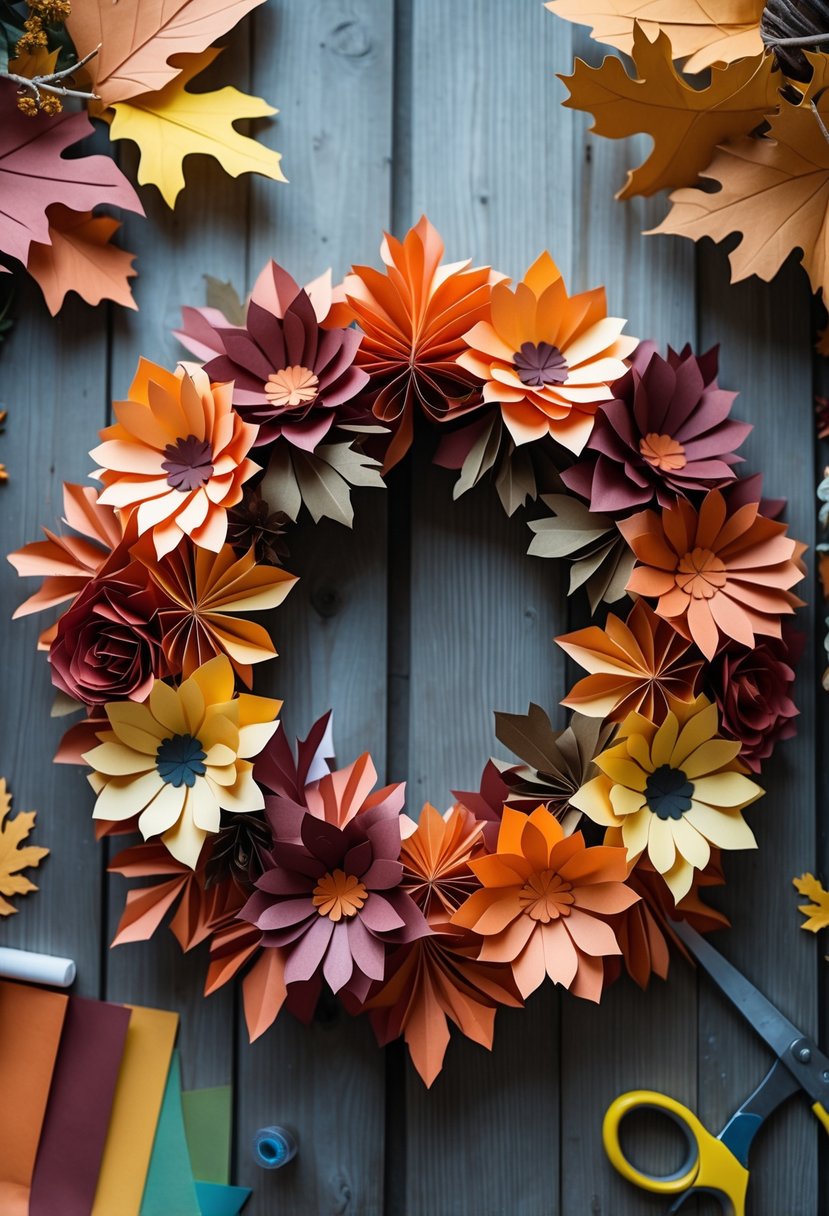 A colorful fall wreath made of paper flowers and leaves on a wooden surface with crafting materials around it.