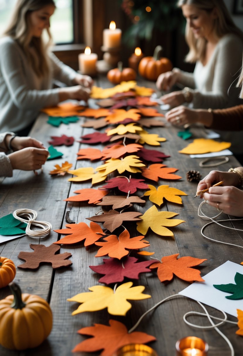 Hands crafting a felt leaf garland on a wooden table surrounded by fall-themed craft supplies and decorations.