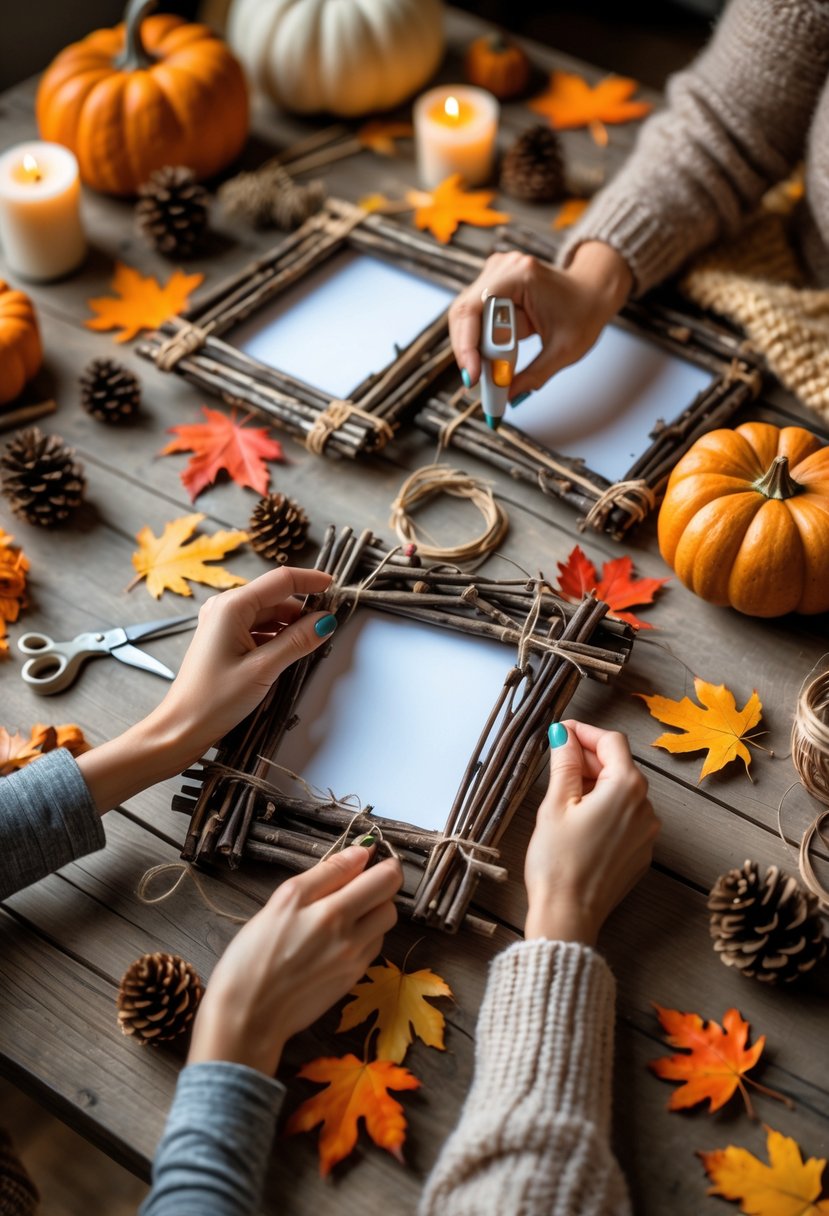 Hands of women crafting twig picture frames surrounded by autumn leaves, pine cones, and fall decorations on a wooden table.