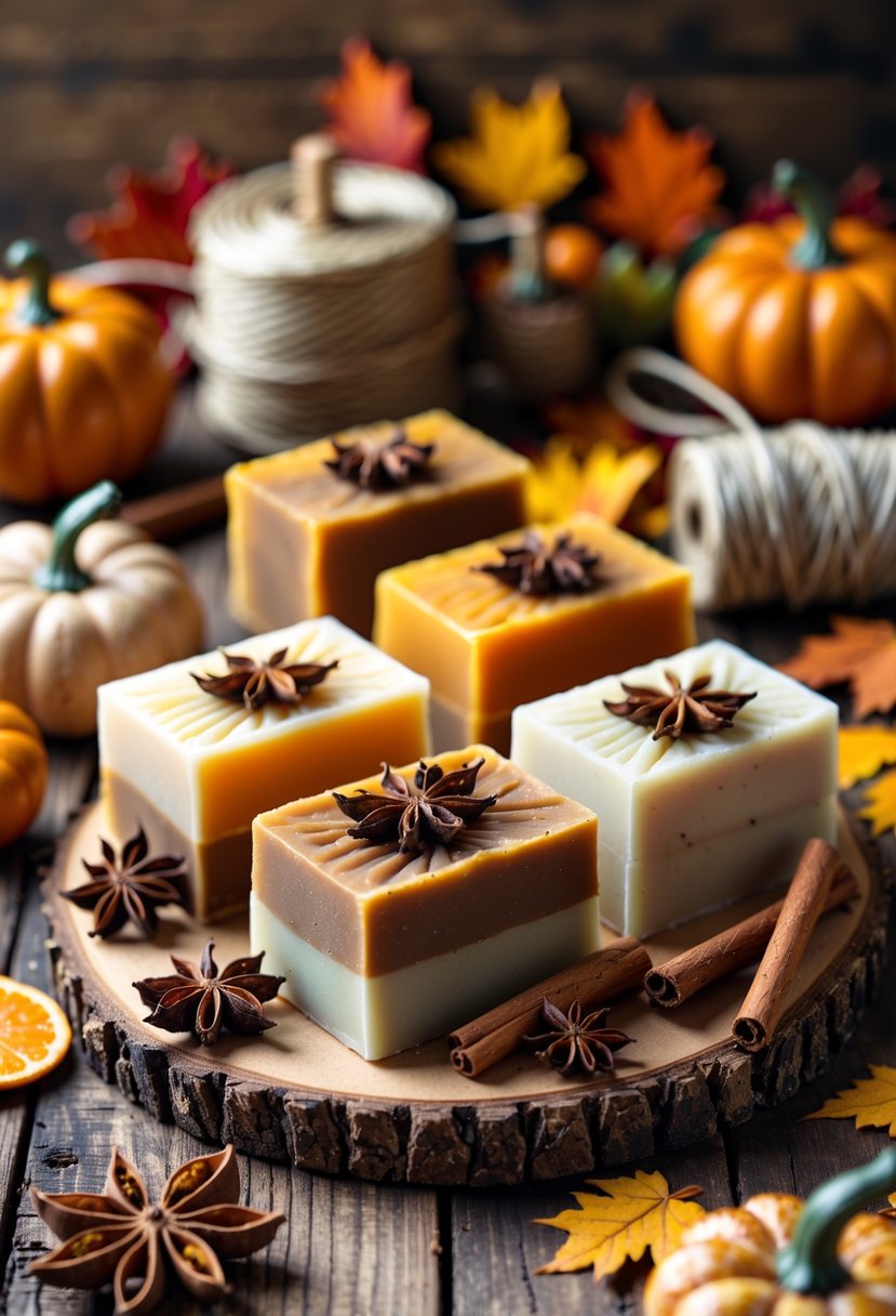 Assortment of pumpkin spice soap bars with autumn decorations such as cinnamon sticks, dried orange slices, and fall leaves on a wooden table.