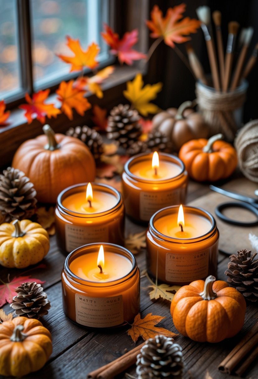A table with lit soy candles surrounded by autumn leaves, pumpkins, pine cones, and craft supplies.