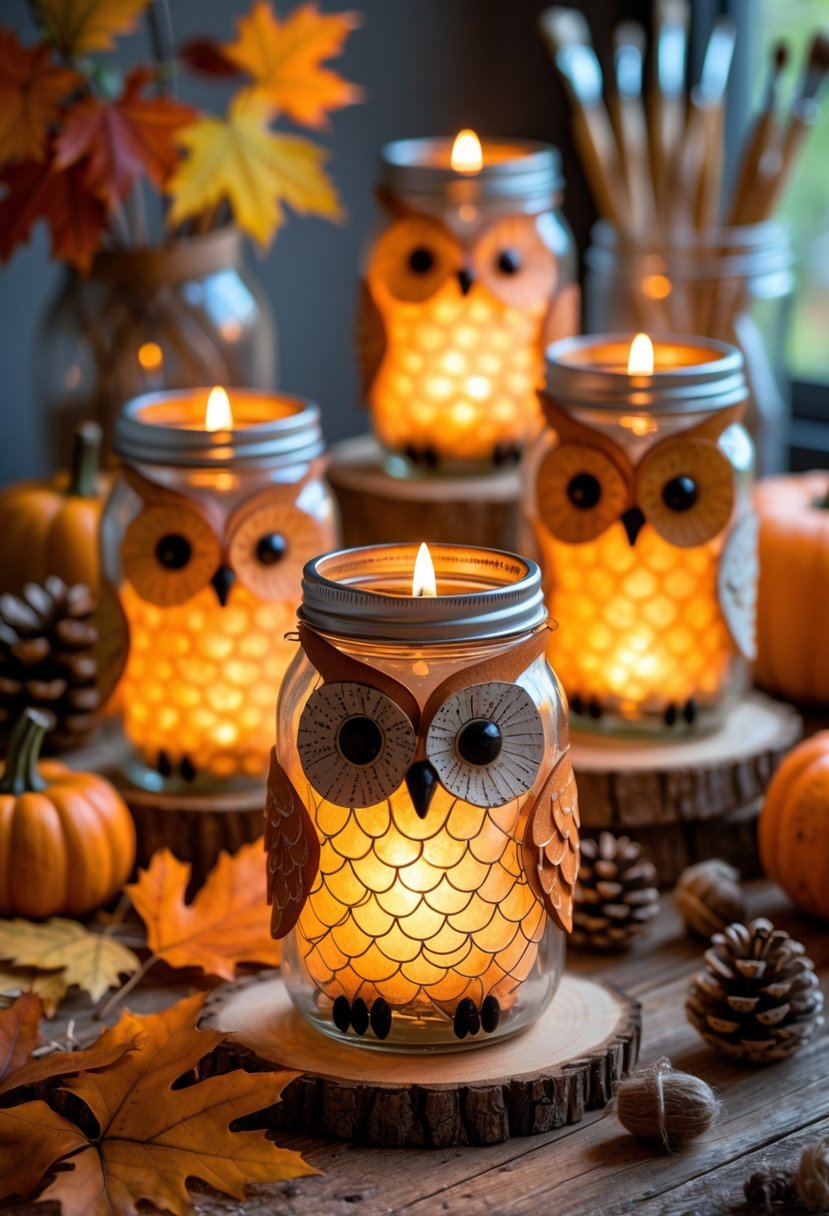A group of glowing owl-themed mason jar lanterns on a wooden table surrounded by autumn leaves, pumpkins, and craft supplies.