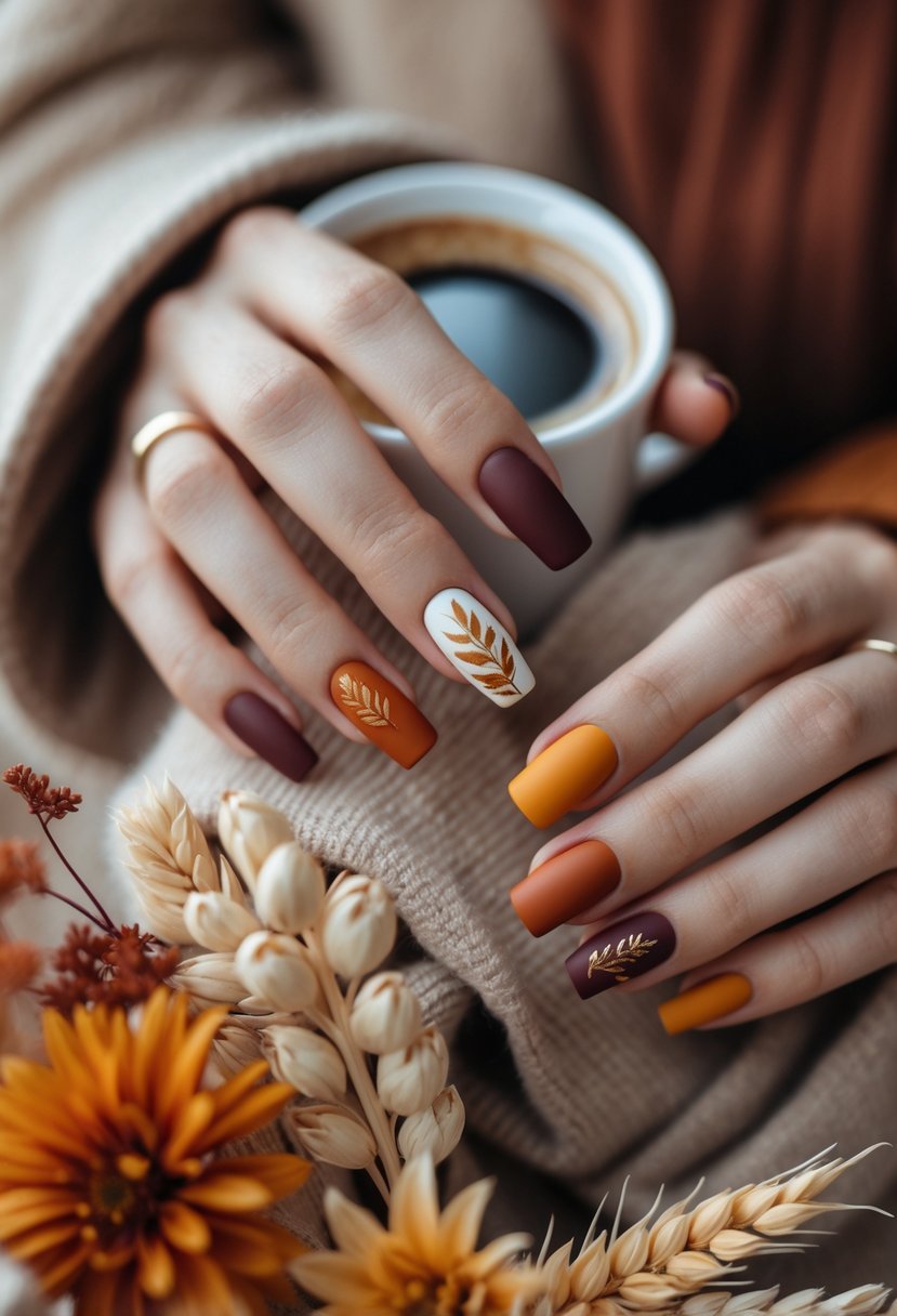 Close-up of hands with fall-themed manicured nails holding a warm cup and autumn flowers.