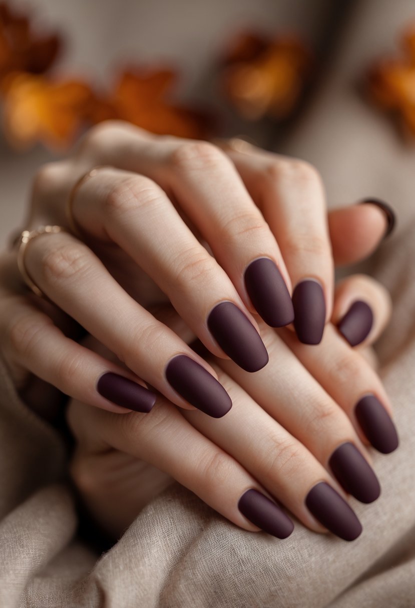 Close-up of hands with burgundy matte finish nails resting on a warm autumn-colored background.