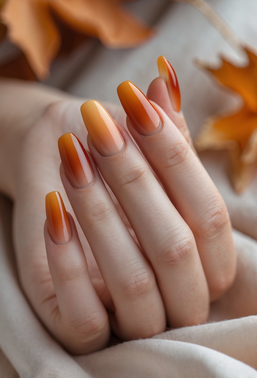 A close-up of a woman's hand with burnt orange ombre nails resting on a soft, neutral background with autumn elements.