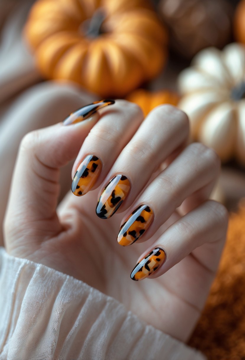 Close-up of a woman's hand with fall-inspired tortoiseshell tip nail art against a warm, blurred background.