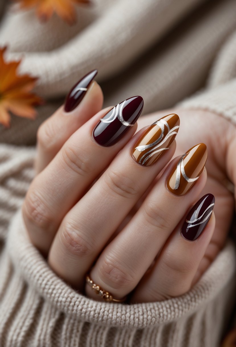 Close-up of a hand with autumn-colored nails featuring shiny chrome swirl designs.