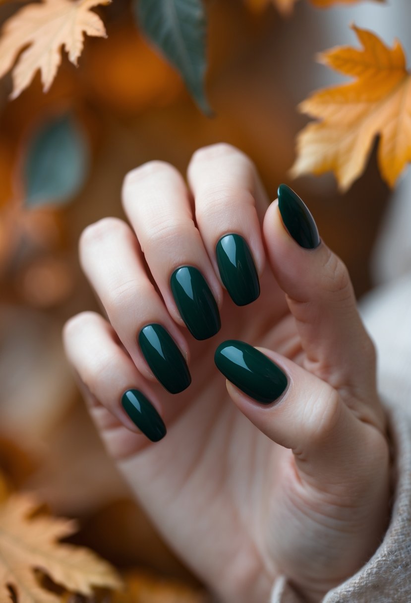 Close-up of hands with deep forest green painted nails against a blurred autumn foliage background.