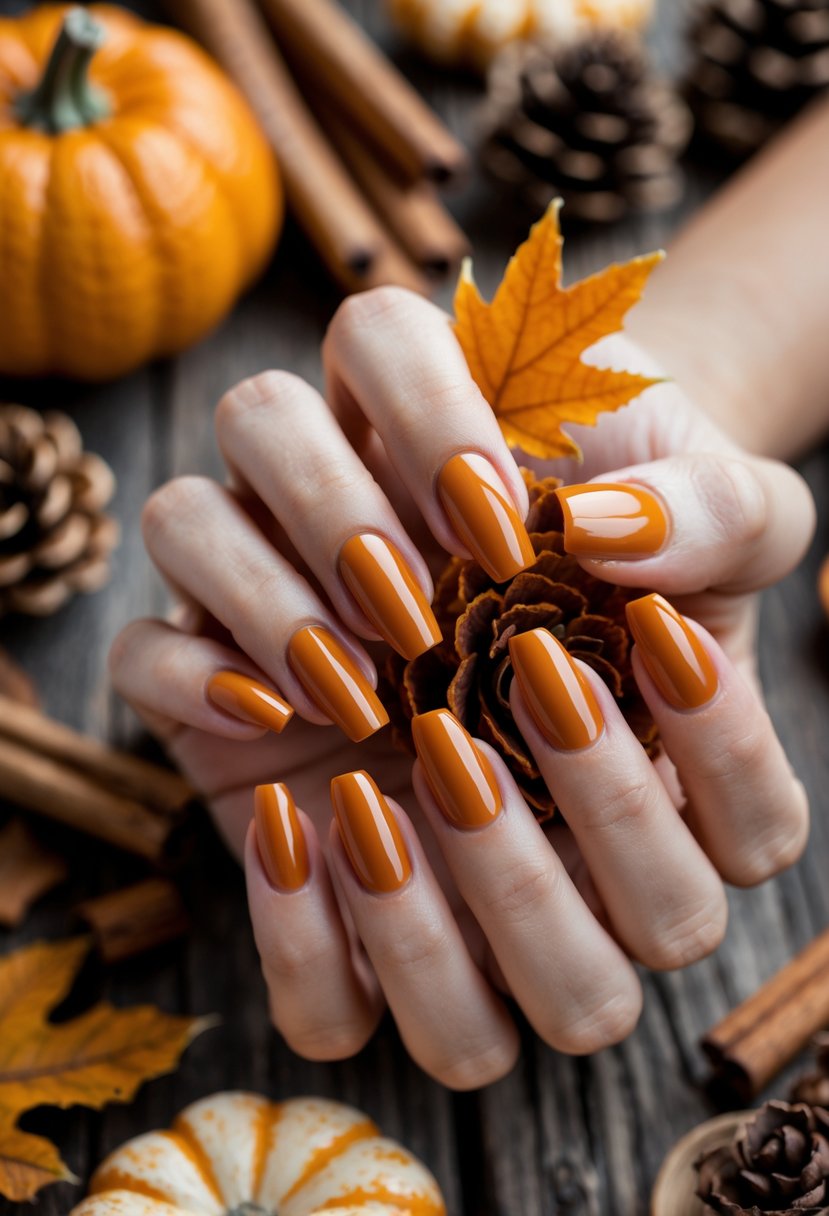 Close-up of hands with orange fall-themed nail polish holding a small pumpkin surrounded by autumn leaves and cinnamon sticks on a wooden surface.