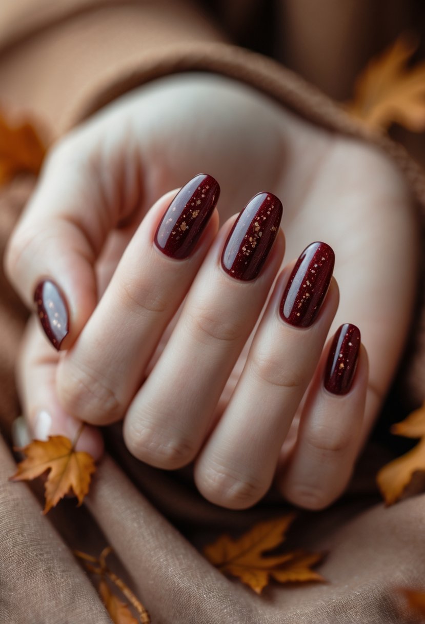 Close-up of a woman's hand with dark red nails featuring subtle glitter, resting on a warm-toned background.