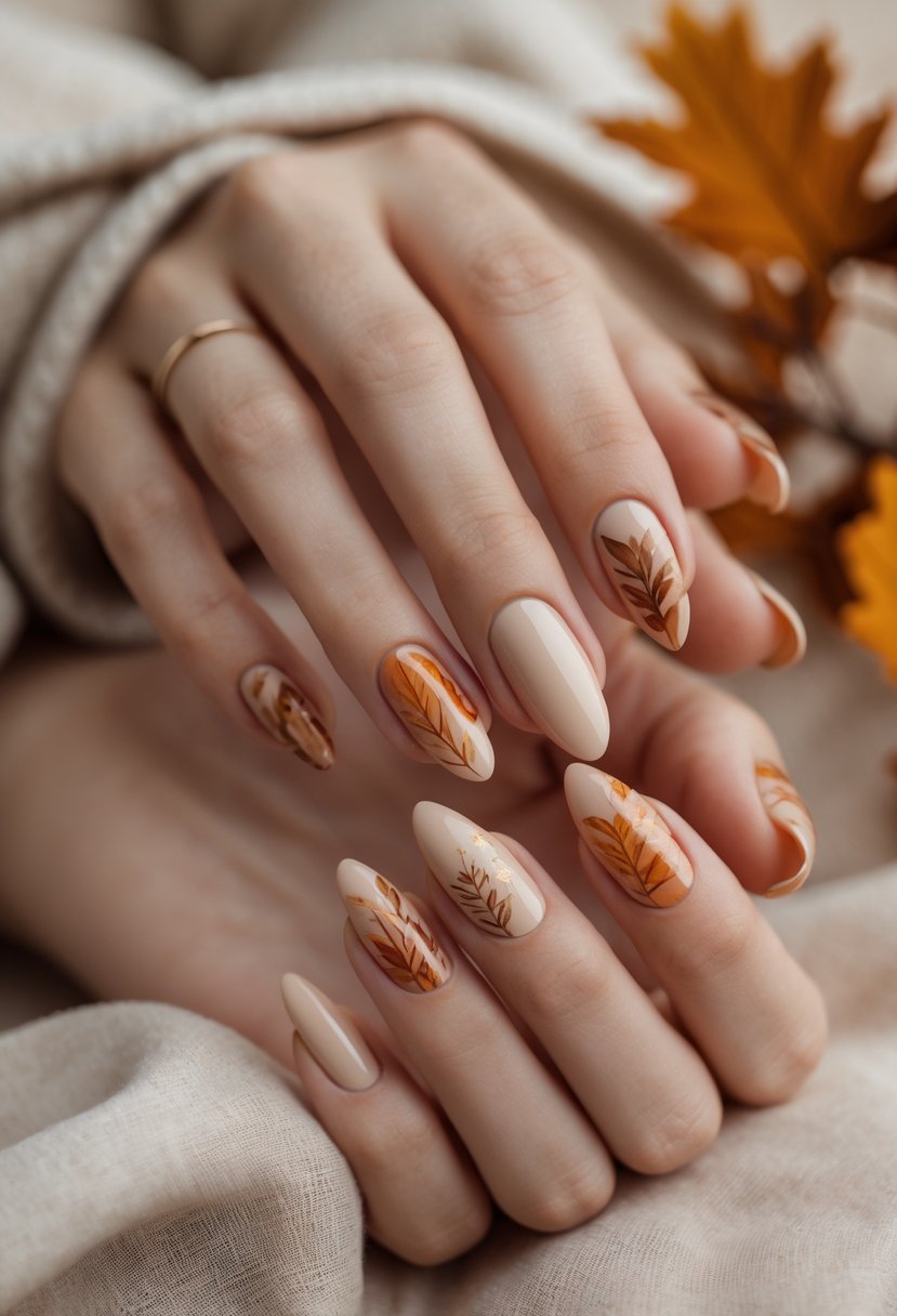 Close-up of hands with creamy beige nails featuring delicate leaf designs, set against a soft neutral background with autumn leaves.