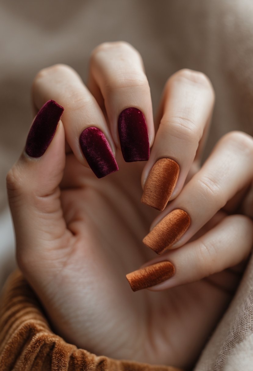 Close-up of a woman's hands with velvet textured nails in warm fall colors.