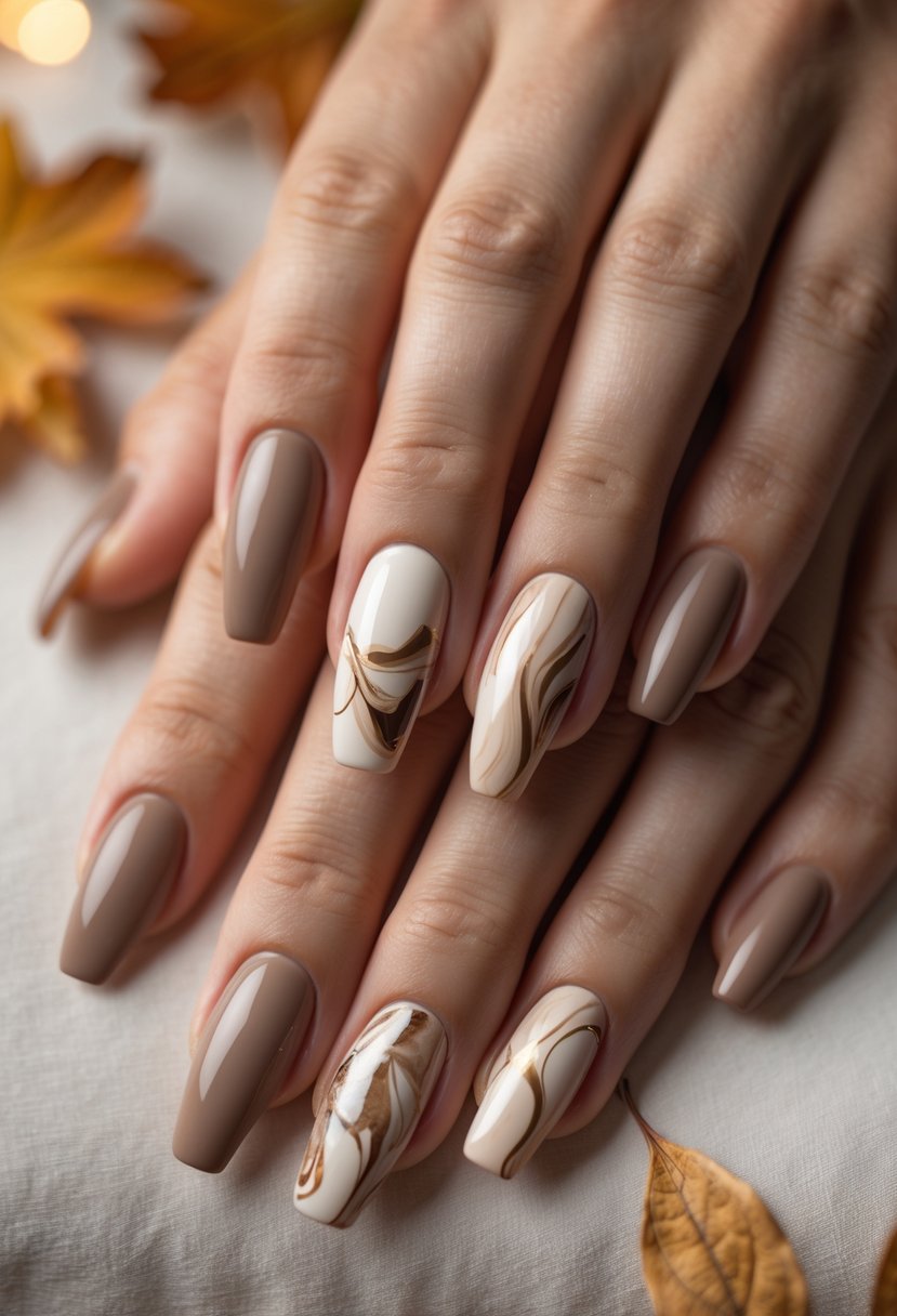 Close-up of a woman's hands with warm taupe marble effect nails resting on a neutral surface with autumn leaves nearby.