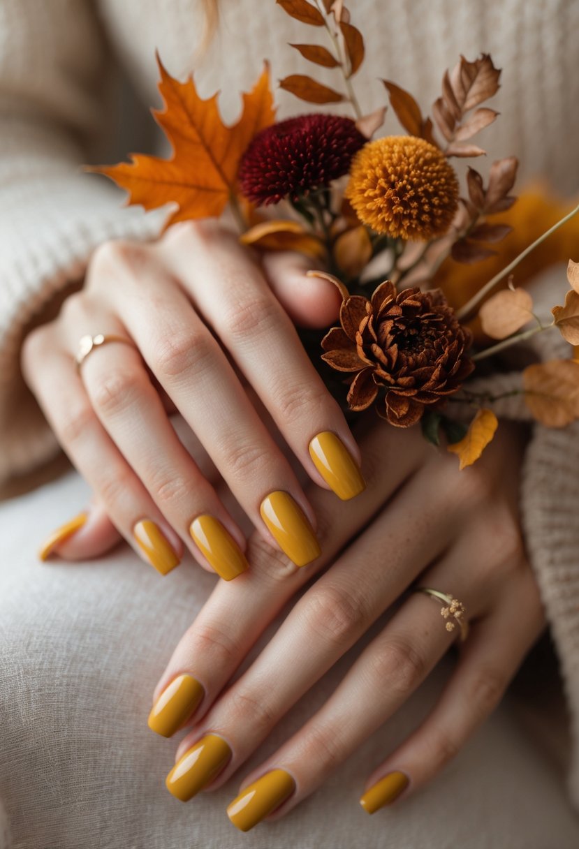 Close-up of a woman's hands with soft mustard yellow nails holding autumn leaves and dried flowers.