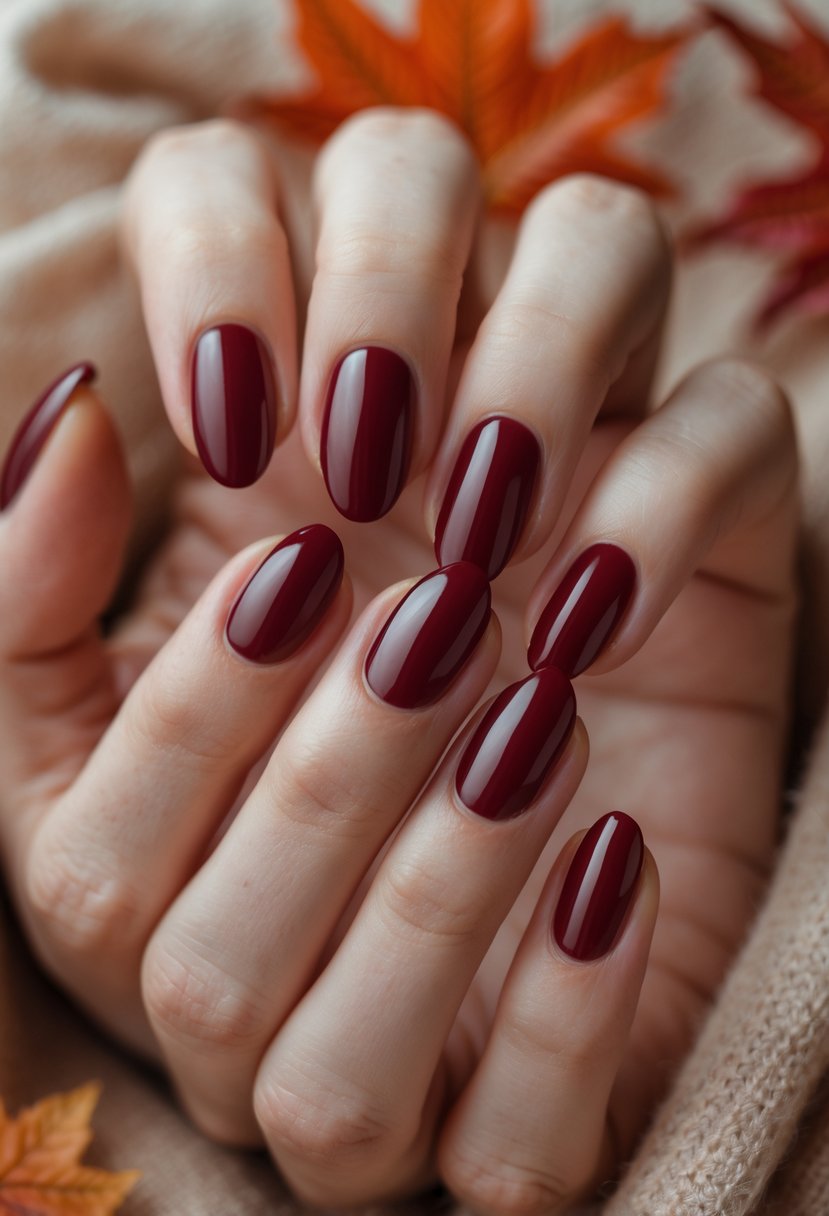 Close-up of hands with glossy deep red nails against a soft autumn background.
