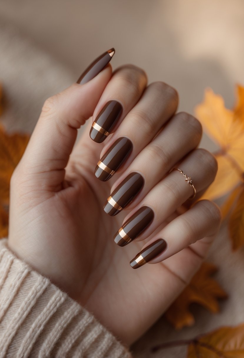 Close-up of a woman's hand with brown nails featuring metallic stripes.