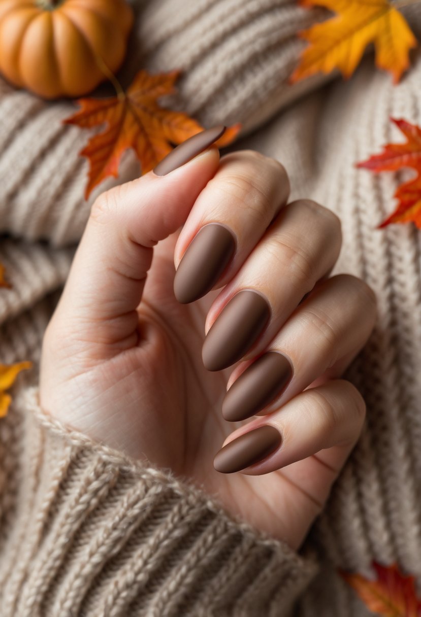 A close-up of a woman's hand with mocha brown matte nails resting on a soft autumn-themed background with knitted fabric and fall leaves.