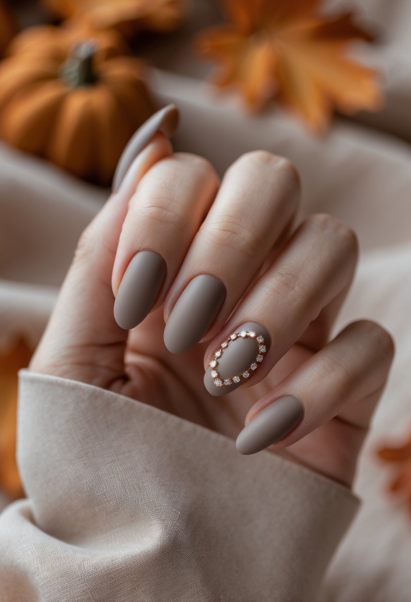Close-up of a hand with taupe-colored nails decorated with tiny rhinestones.