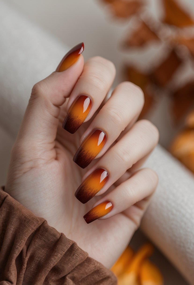 Close-up of a woman's hand with burnt sienna gradient fall-themed nails against a neutral background with autumn elements.