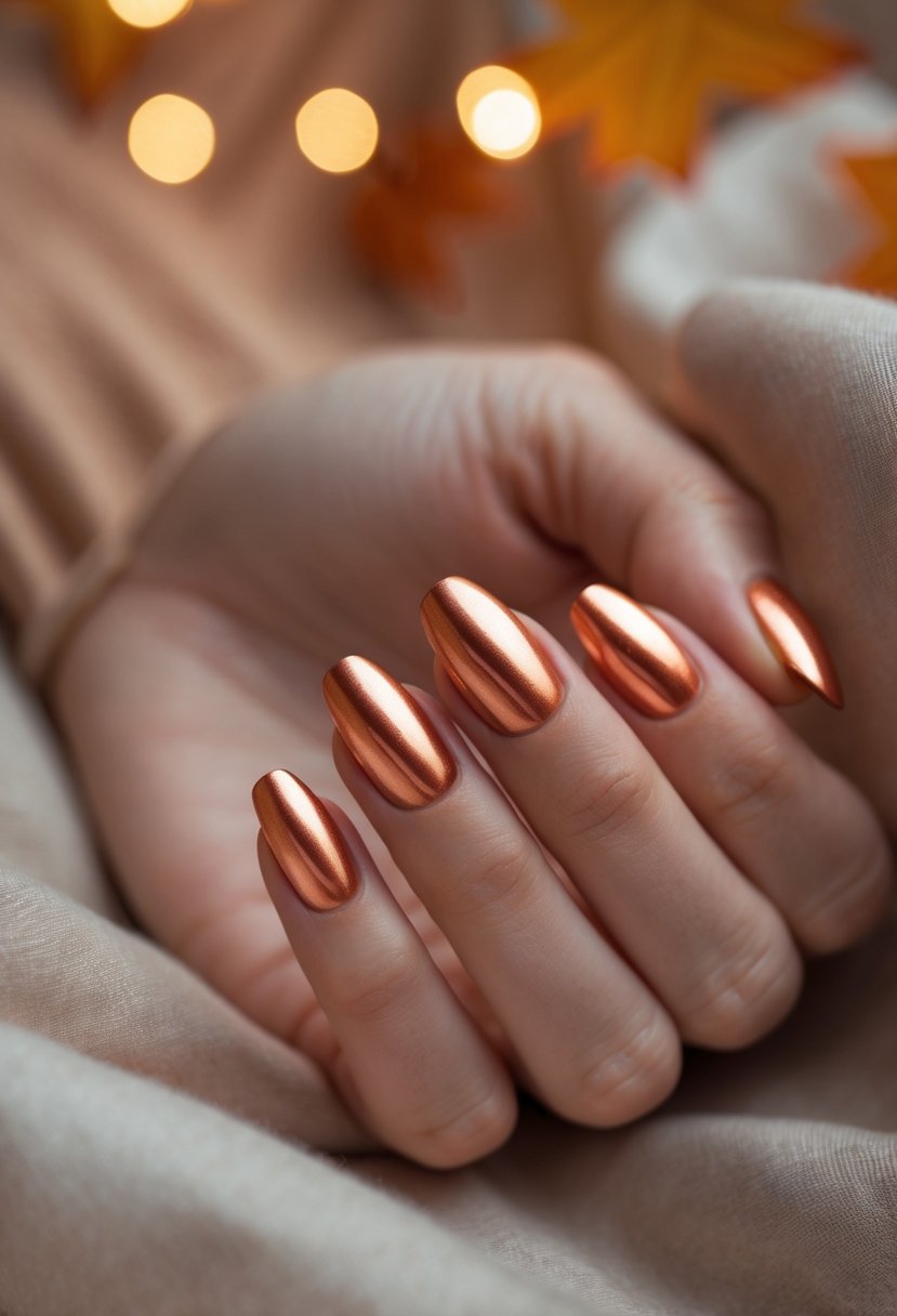 Close-up of a woman's hand with shiny copper-colored nails resting on a soft fabric background with autumn leaves.