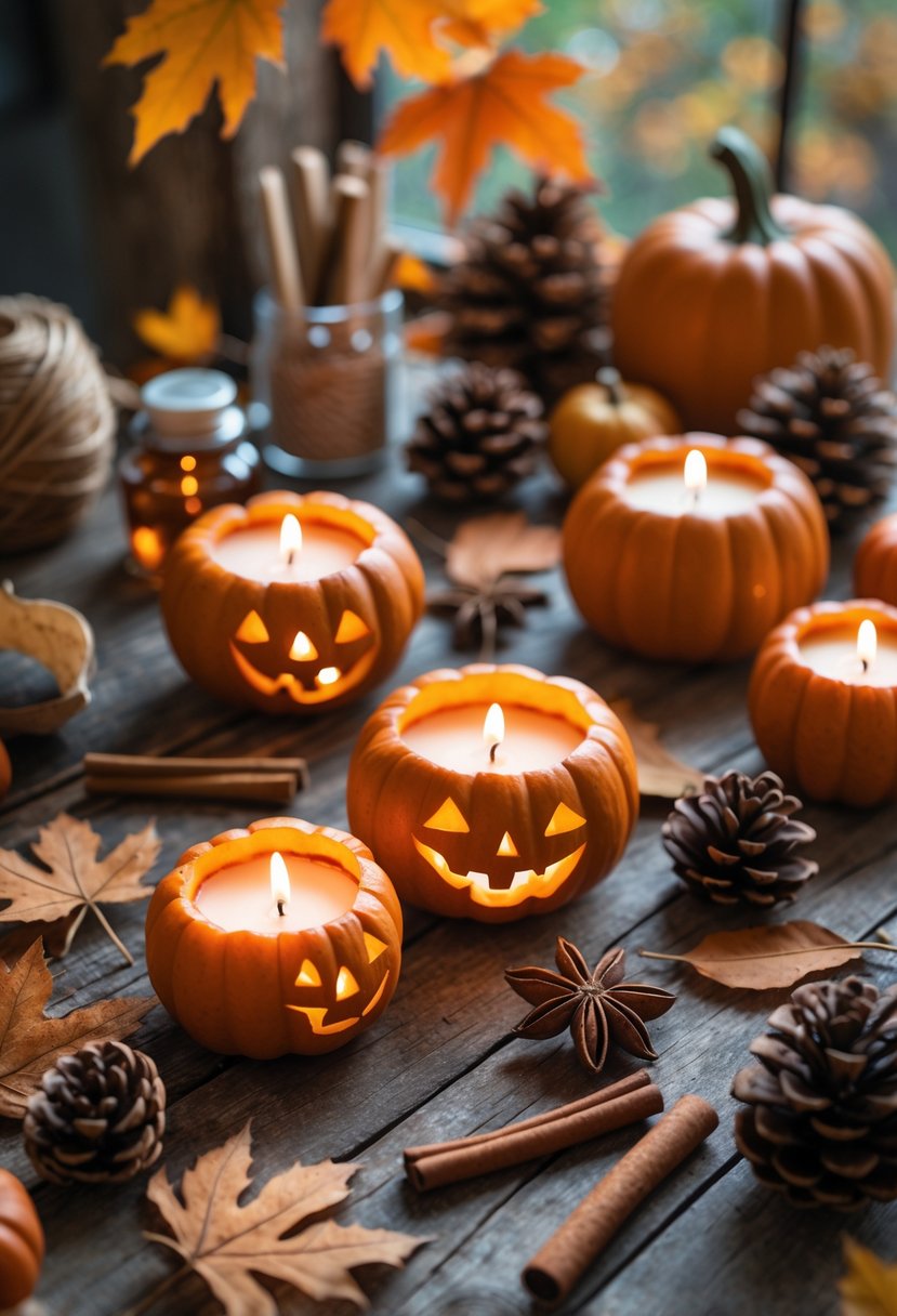 Several small pumpkin candles glowing warmly on a wooden table surrounded by autumn leaves, cinnamon sticks, and crafting supplies.