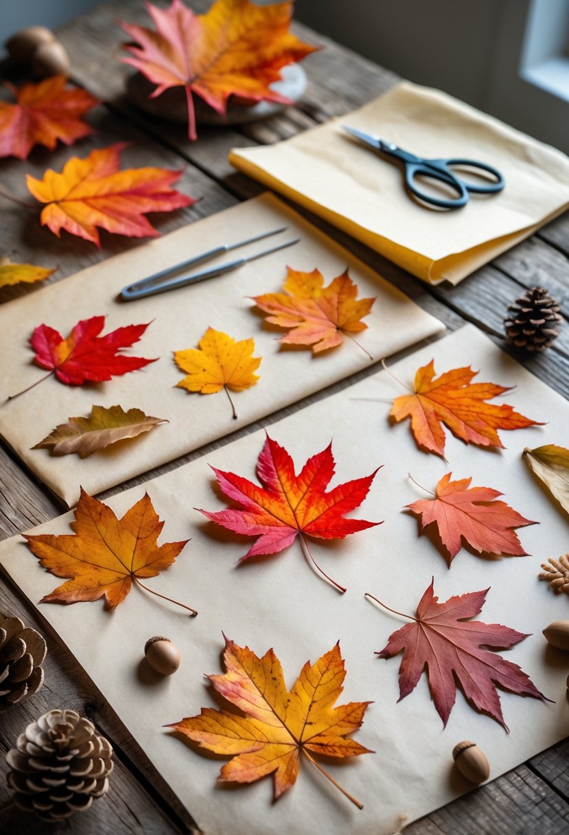 Pressed autumn leaves arranged on a wooden table with crafting tools and natural materials nearby.