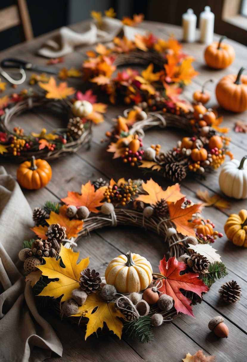 A collection of handmade fall wreaths made with colorful autumn leaves, pinecones, small pumpkins, and crafting materials arranged on a wooden table.