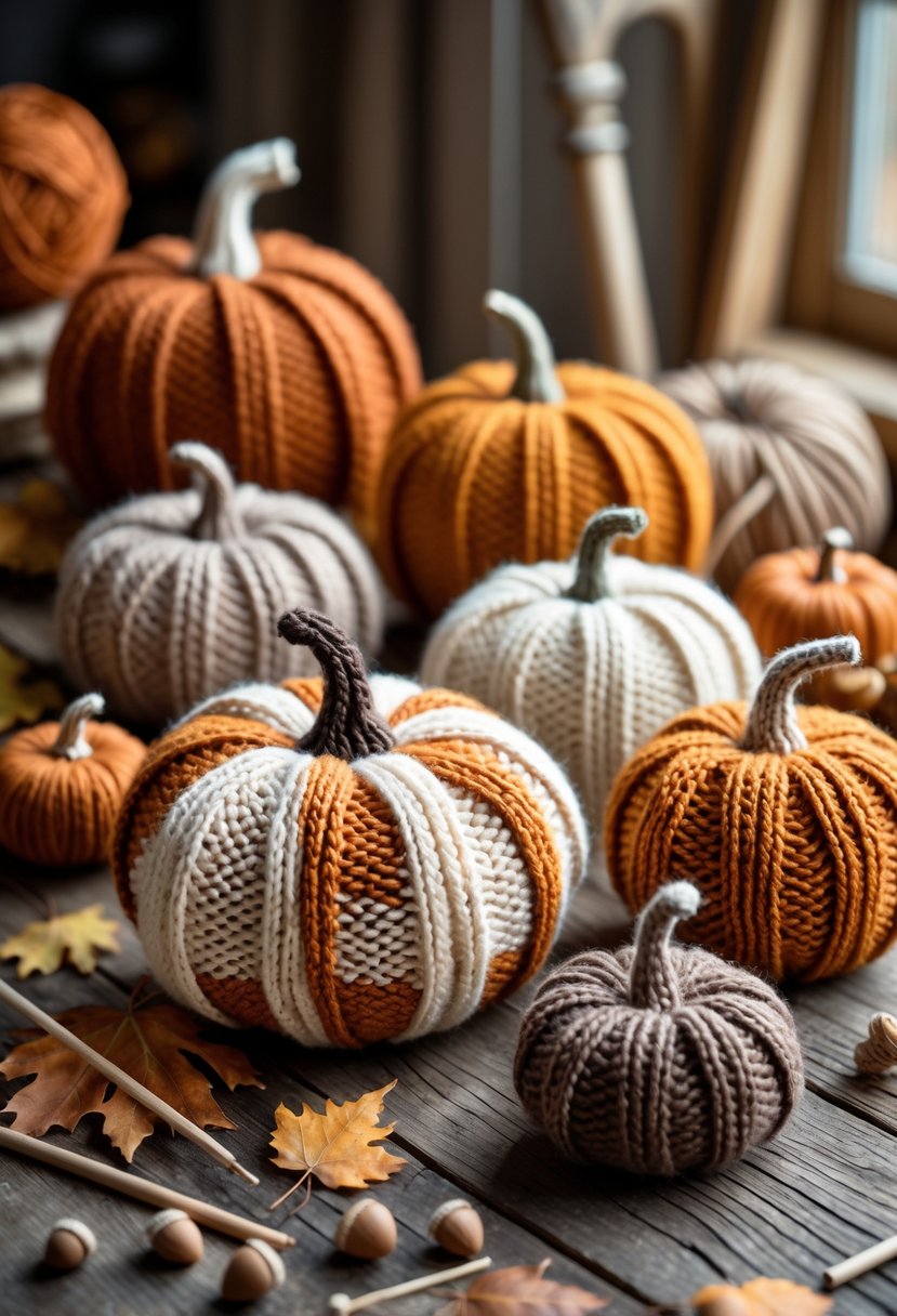 A collection of knitted pumpkin decorations arranged on a wooden table with autumn craft materials around them.