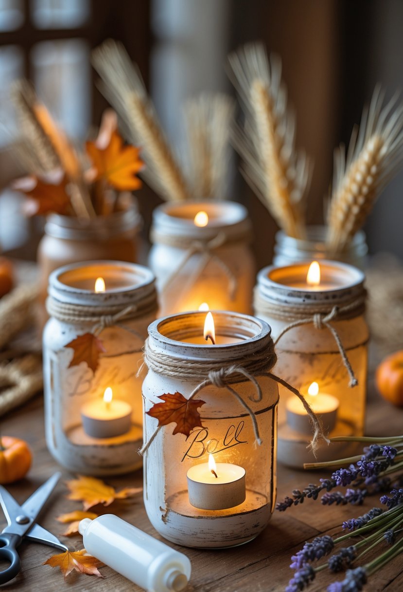 A group of rustic mason jar candle holders glowing with warm light on a wooden table surrounded by autumn craft materials.