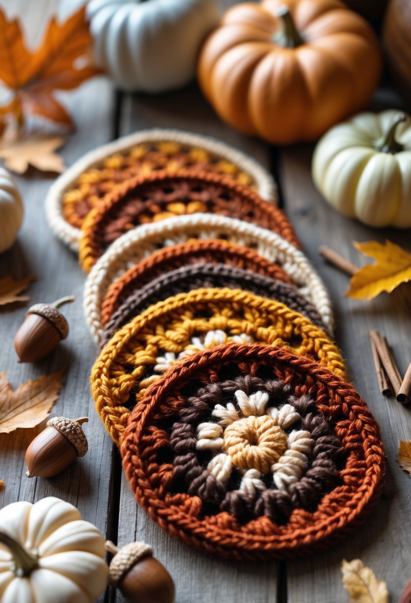 A set of colorful crochet coasters with fall colors arranged on a wooden table surrounded by autumn decorations like small pumpkins and dried leaves.