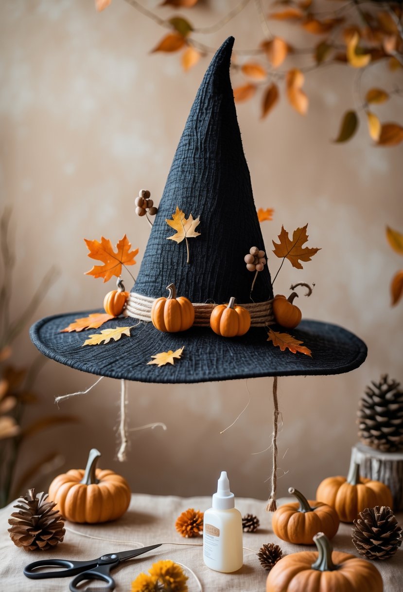 A witch hat wall hanging decorated with autumn leaves and miniature pumpkins displayed on a warm background with craft supplies nearby.