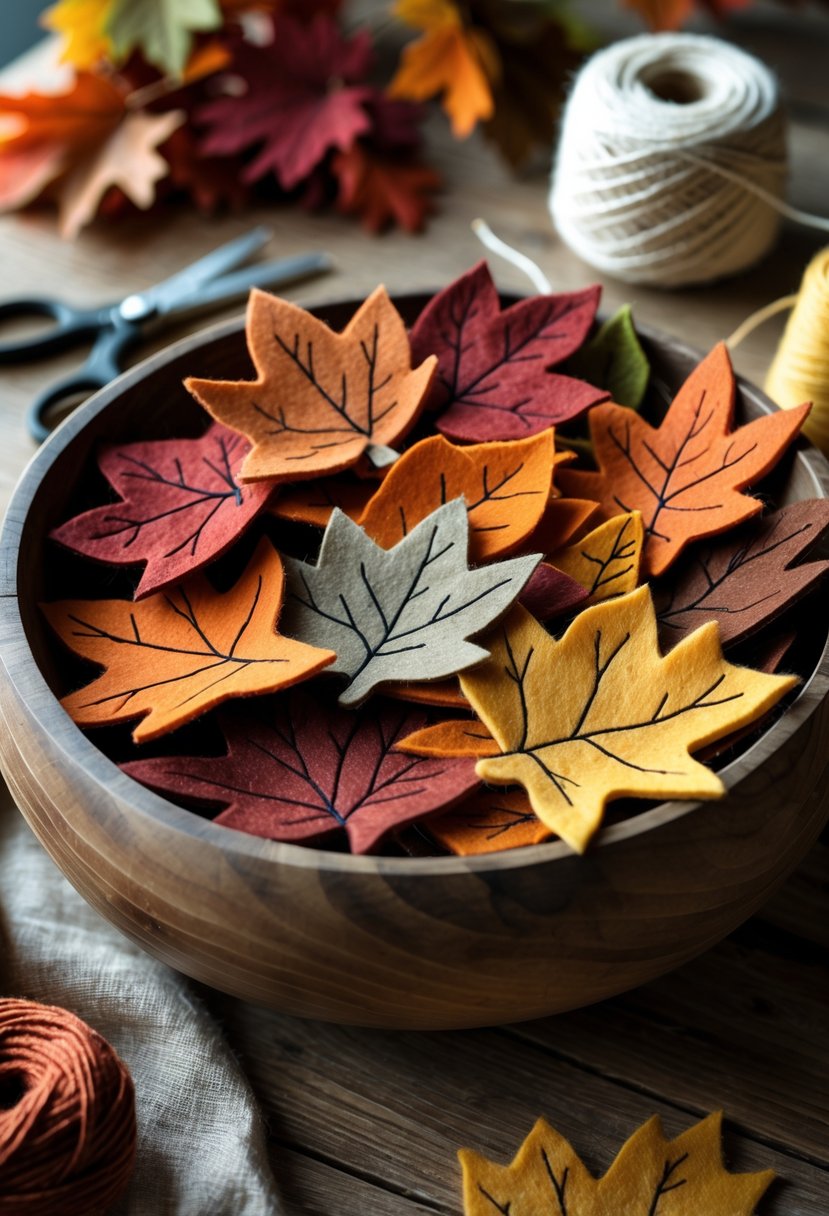 A wooden bowl filled with colorful felt leaves in autumn colors on a wooden table with craft supplies around it.