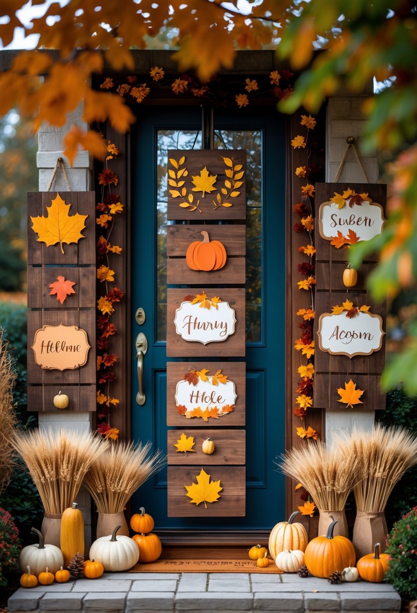 A front door decorated with handmade wooden autumn-themed signs and fall decorations including leaves, pumpkins, and pinecones.