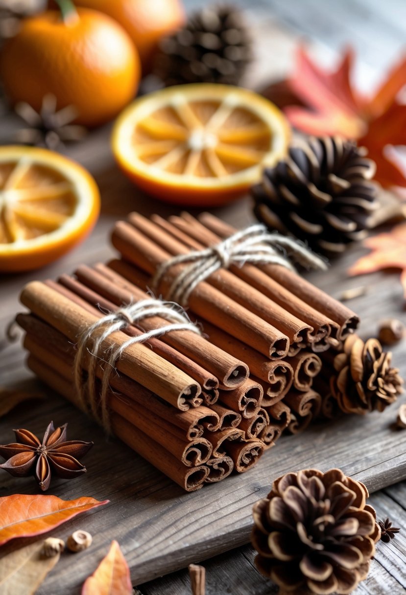 A wooden table with cinnamon stick bundles tied with twine surrounded by dried orange slices, star anise, pine cones, and autumn leaves.