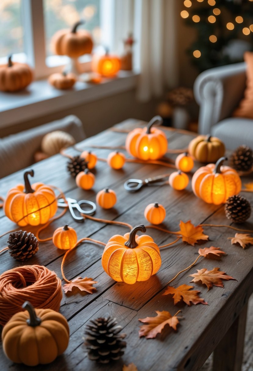 A wooden table decorated with glowing pumpkin string lights, autumn craft supplies, and seasonal decorations.