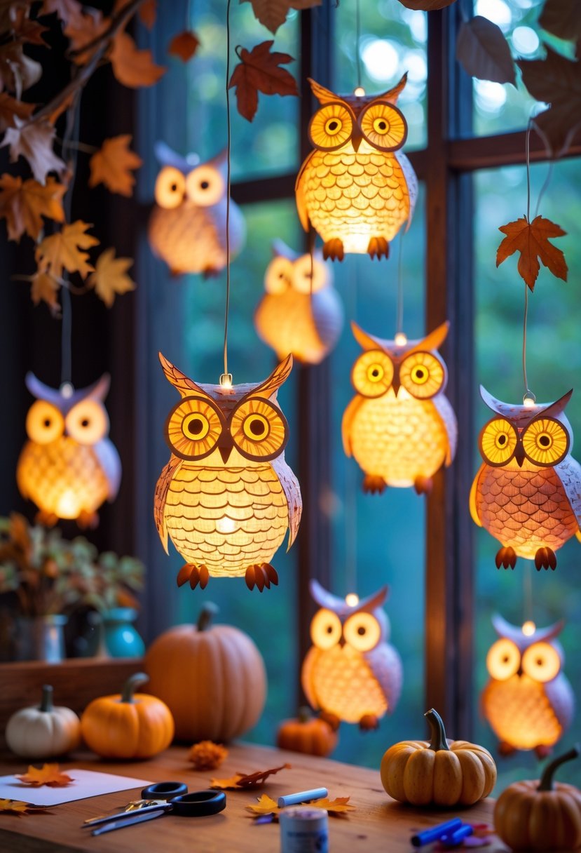 A collection of glowing owl-shaped paper lanterns hanging indoors with autumn decorations and craft supplies on a wooden table.