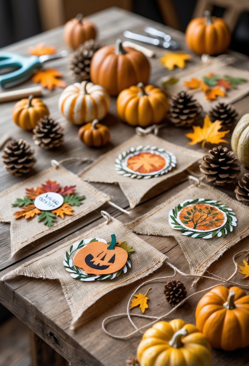 A rustic wooden table with handmade burlap banners decorated with autumn leaves, pumpkins, and craft supplies like scissors and paintbrushes.