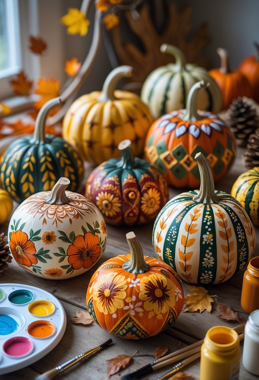 A collection of painted gourds with autumn designs arranged on a wooden table alongside paintbrushes and paint jars.