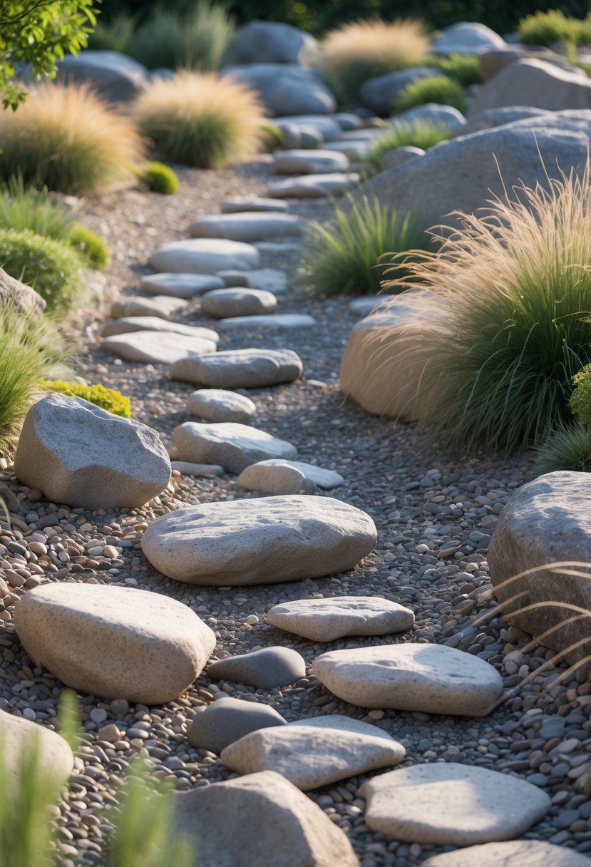 A dry creek bed with large boulders and mid-sized river rocks surrounded by green plants and grasses.