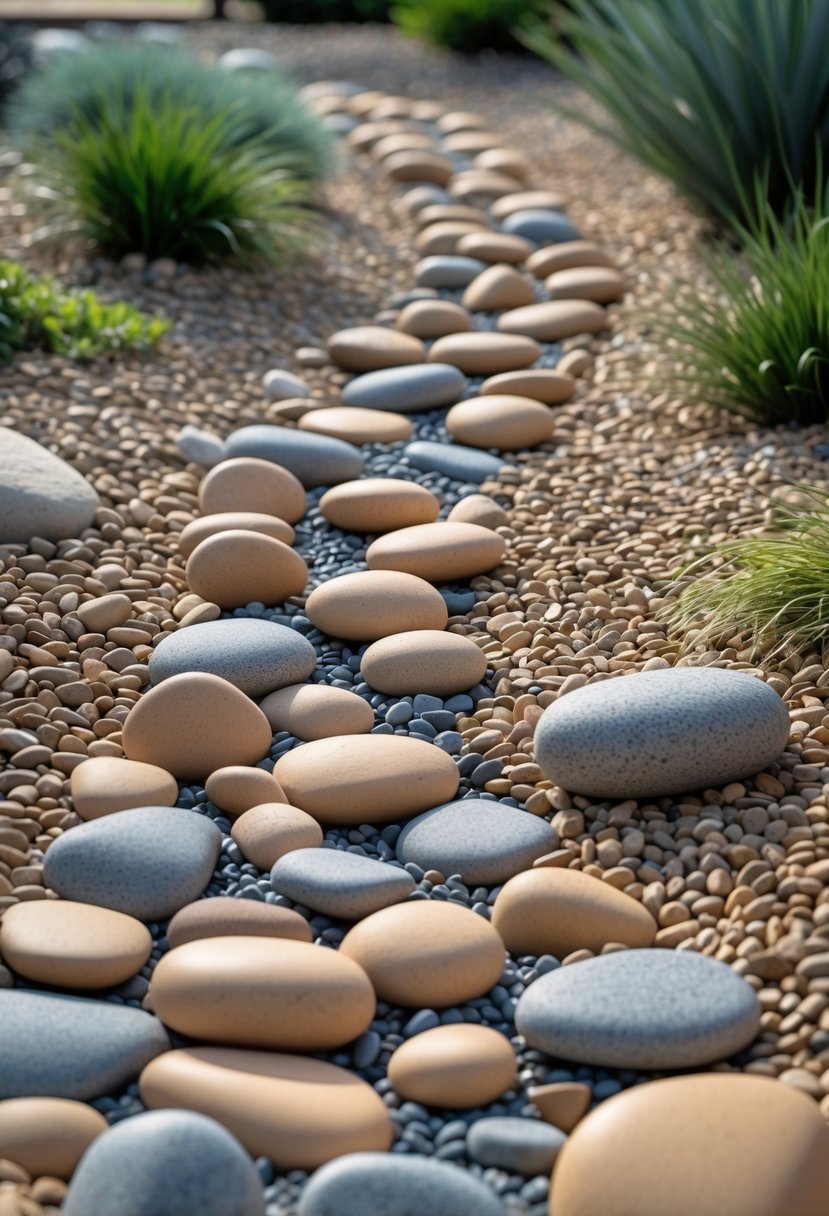 A dry riverbed with tan and gray stones winding through a garden with some green plants around it.